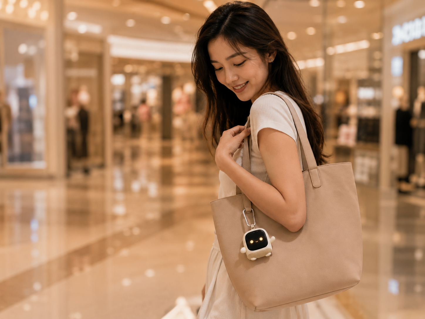 ROO clipped to a tote bag in a shopping mall