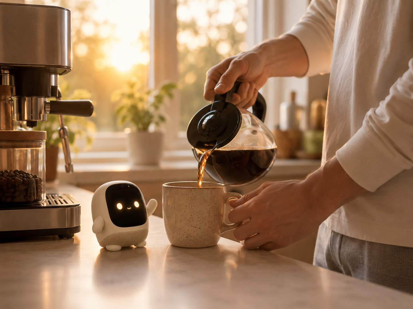 ROO waving on a kitchen counter while morning coffee is poured