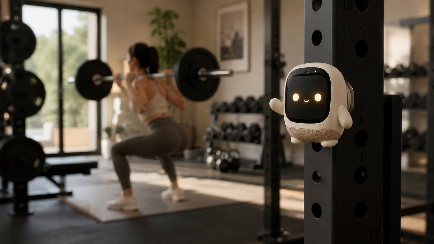 ROO clipped to a squat rack watching a workout